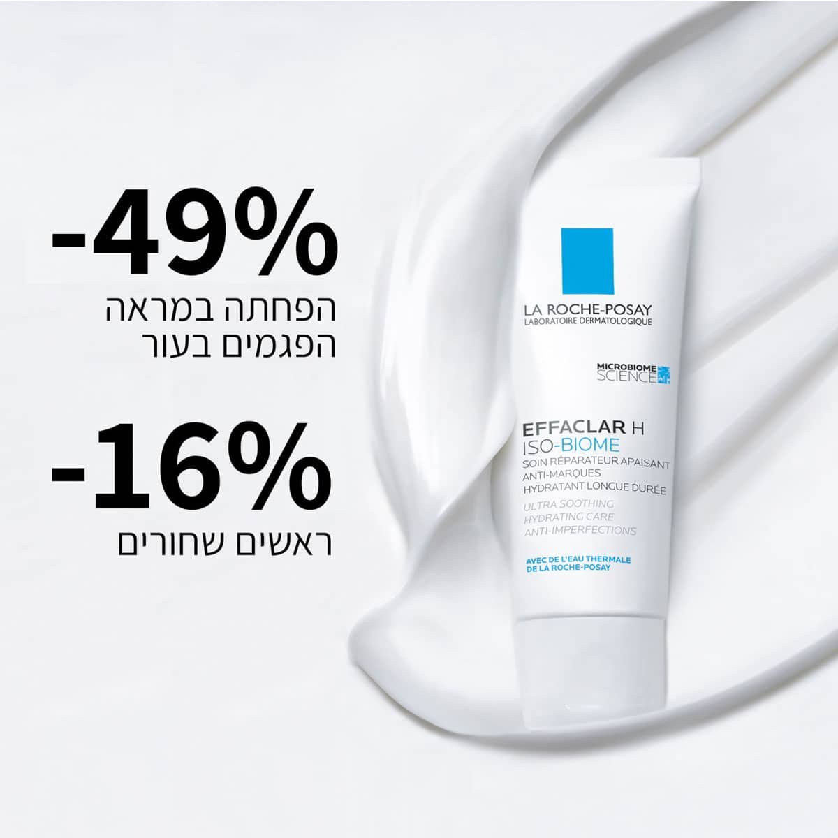 מינוס 49 אחוז הפחתה במראה הפגמים בעור. מינוס 16 אחוז ראשים שחורים