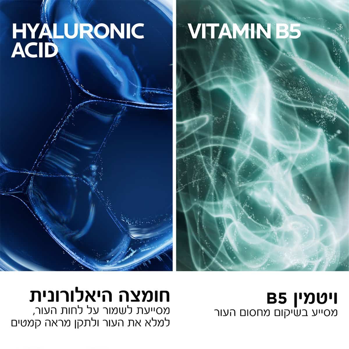 ויטמין B5 מסייע בשיקום מחסום העור. חומצה היאלורונית מסייעת לשמור על לחות העור, למלא את העור ולתקן מראה קמטים.