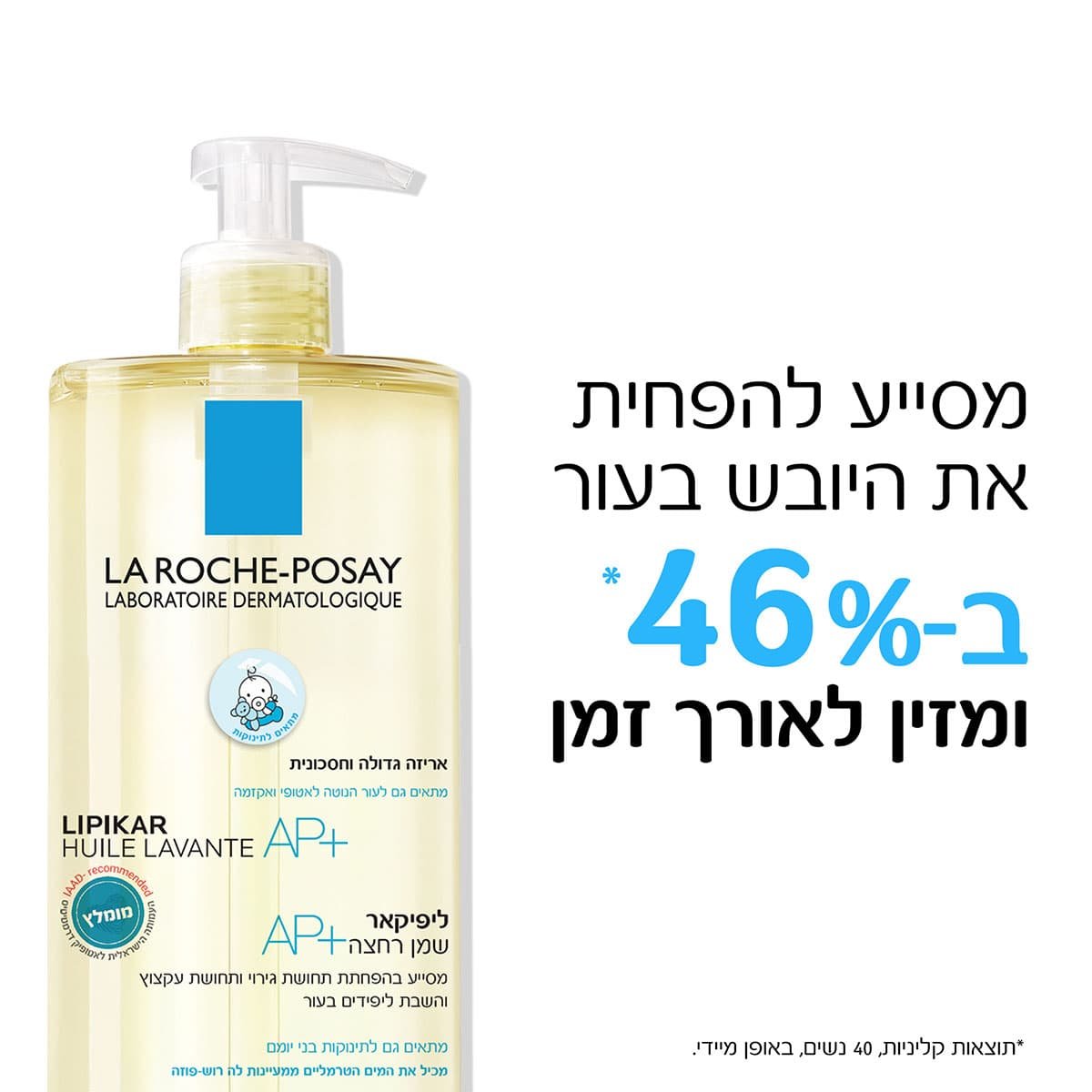 מסייע להפחית את היובש בעור ב-46 אחוז ומזין לאורך זמן. תוצאות קליניות, 40 נשים, באופן מיידי.